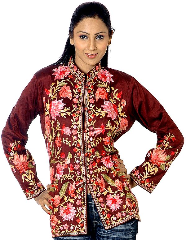 Coffee-Brown Kashmiri Jacket with All-Over Flowers