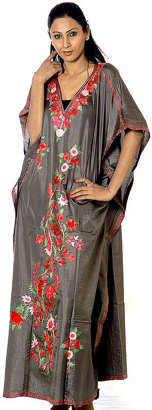 Gray Kaftan from Kashmir with Aari-Embroidered Flowers