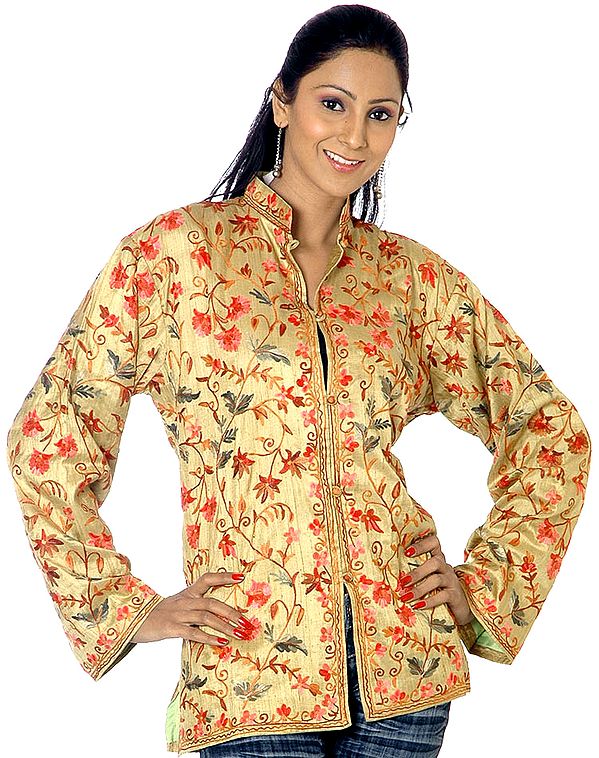 Pear-Green Jacket with Floral Embroidery from Kashmir