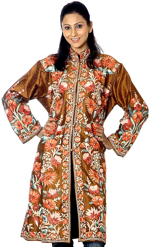 Brown Long Silk Jacket with Floral Embroidery All-Over