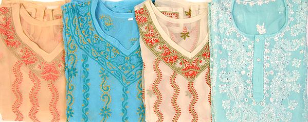 Lot of Four Kurti Tops with Chikan Embroidery