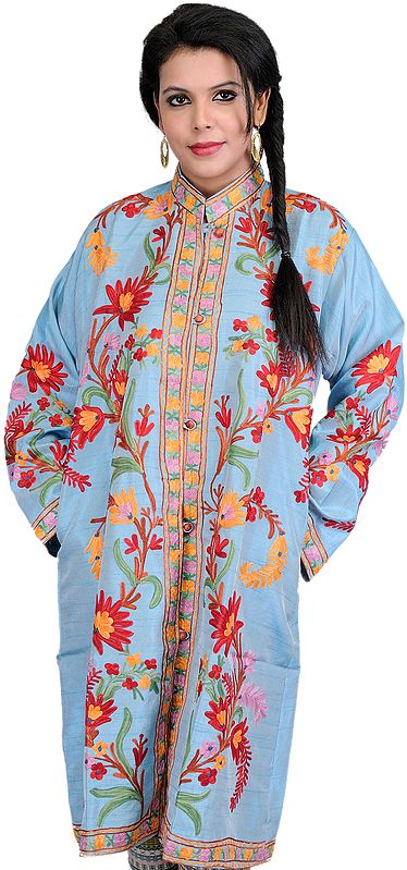 Air-Blue Long Kashmiri Jacket with Crewel Embroidered Flowers