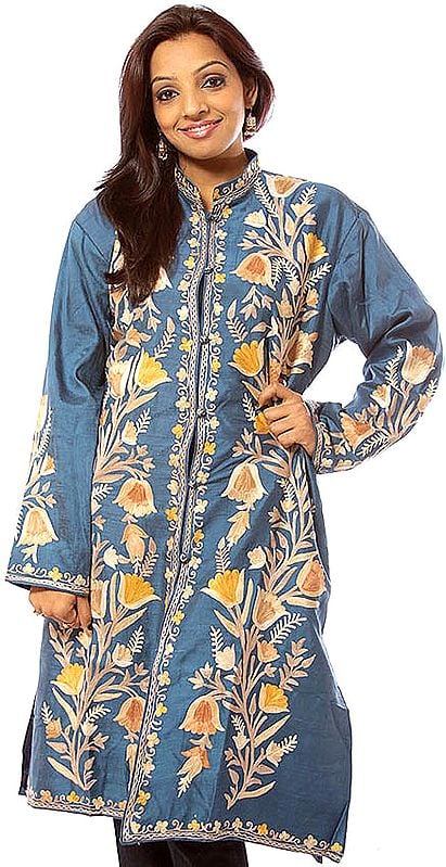 Air-Force Blue Long Silk Jacket with Embroidered Tulips