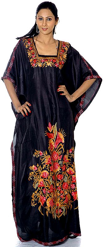 Black Kaftan from Kashmir with Crewel-Embroidered Flowers