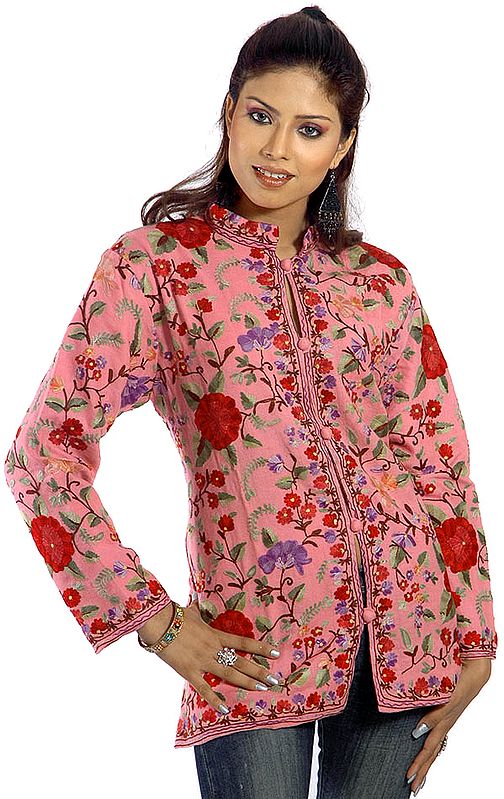 Pink Aari Jacket from Kashmiri with Embroidered Flowers