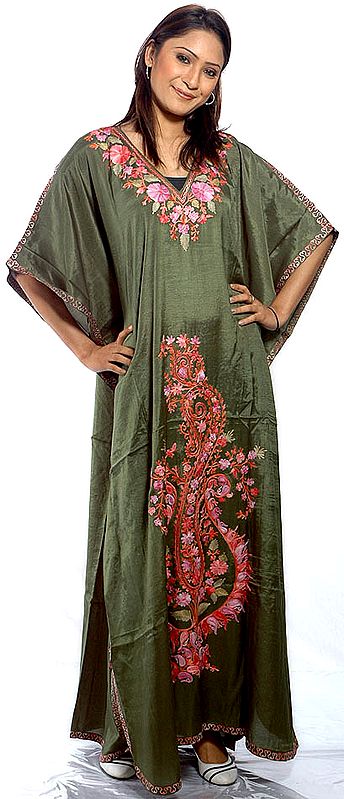 Jade-Green Kaftan from Kashmir with Aari-Embroidered Paisley
