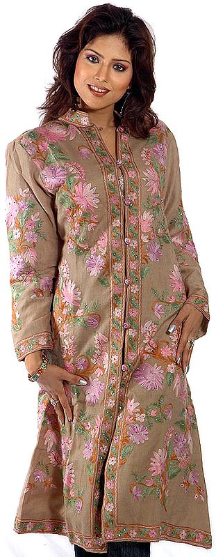 Khaki-Brown Long Kashmiri Jacket with All-Over Embroidery and Sequins