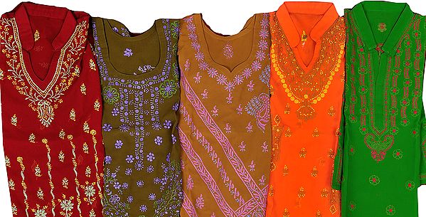 Lot of Five Kurti Tops with Lukhnavi Chikan Embroidery