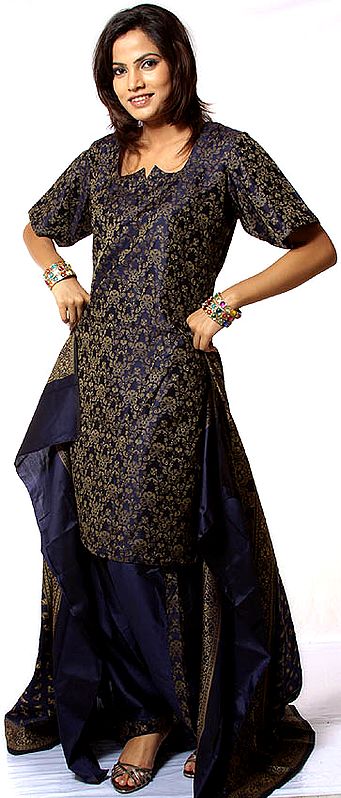Midnight-Blue Banarasi Salwar Kameez with All-Over Tanchoi Weave