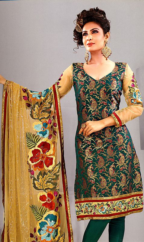Alpine-Green Choodidaar Suit with Brocaded Paisleys and Patch Border