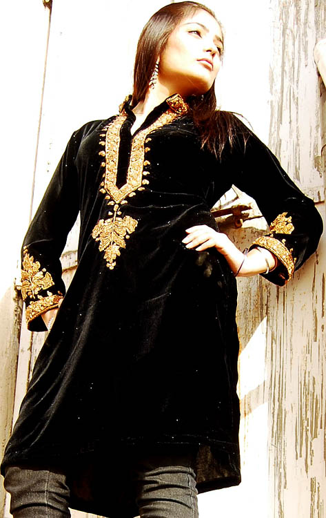 Black Tunic Top with Hand-Embroidery in Golden Wire and Beads