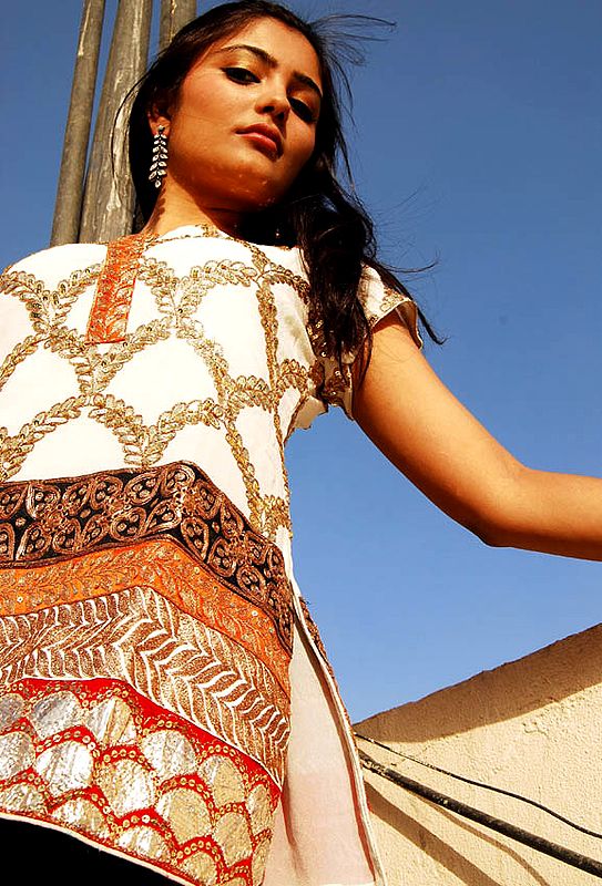 Ivory Kurti Top with Hand-Embroidery and Threadwork