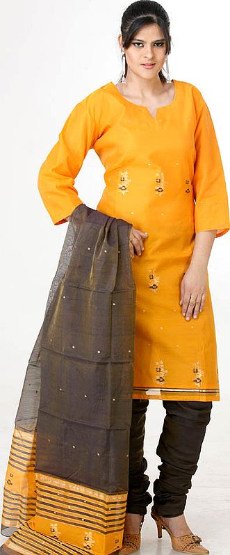 Amber and Black Chanderi Choodidaar Suit with All-Over Golden Bootis