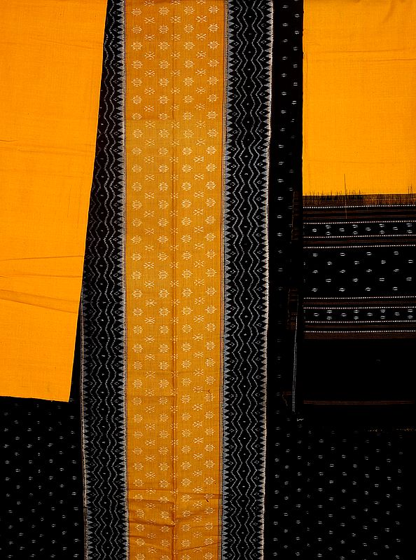 Amber and Black Sambhalpuri Salwar Kameez Fabric from Orissa with Ikat Weave