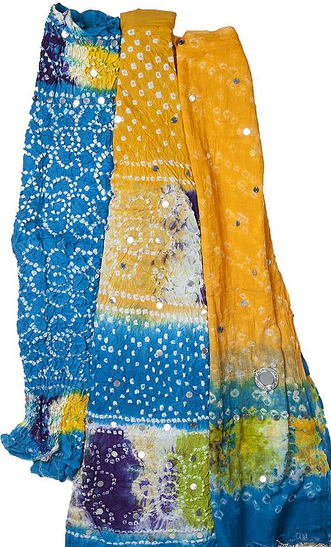 Amber and Blue Shaded Bandhani Lehenga Choli with Large Sequins