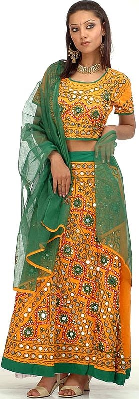 Amber and Green Lehenga Choli from Gujarat with Sequins and Threadwork