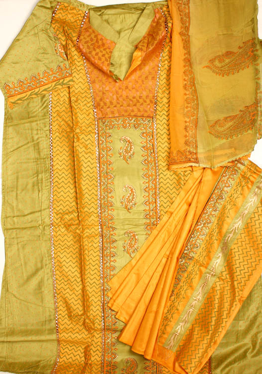 Amber and Green Salwar Kameez Fabric with Painted Paisleys