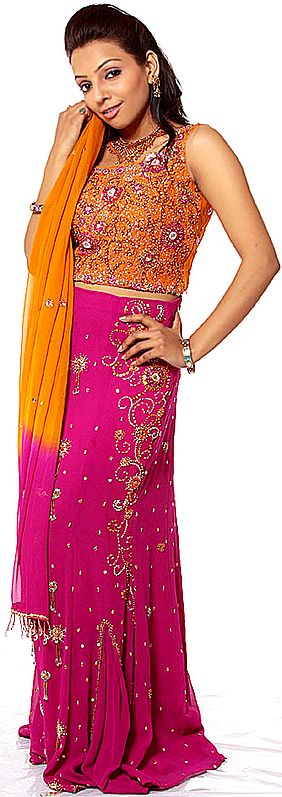 Amber and Magenta Wedding Lehenga Choli with Sequins Embroidered as Flowers