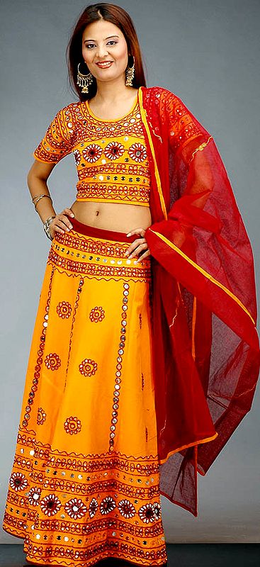 Amber and Maroon Lehenga Choli from Gujarat with Large Sequins