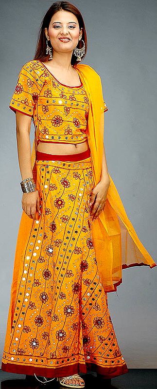 Amber and Maroon Lehenga Choli from Gujarat with Large Sequins