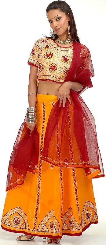 Amber and Orange Lehenga and Multi-Color Choli from Kutchh with Mirrors and Beads