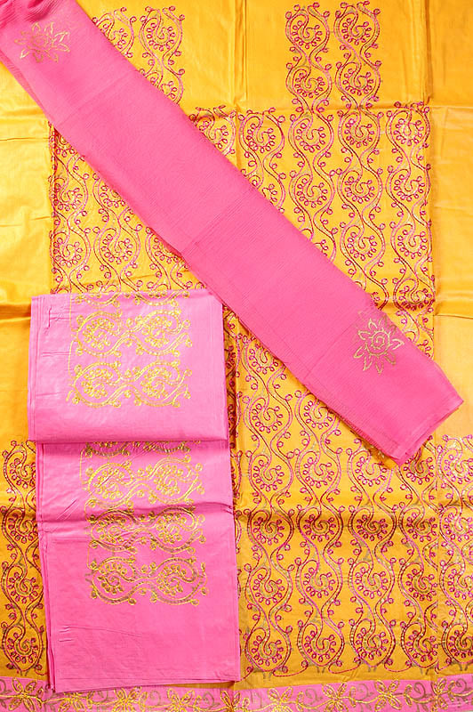 Amber and Pink Salwar Suit with Embroidery and Gold Paint