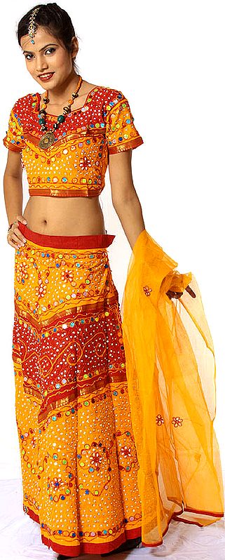 Amber and Red Chaniya Choli from Gujarat with Multi-Color Sequins