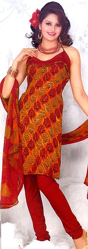 Amber and Red Choodidaar Kameez Suit with Self Weave and Printed Bunch of Flowers