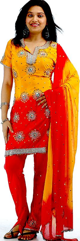 Amber and Red Choodidaar Suit with Starry Beadwork
