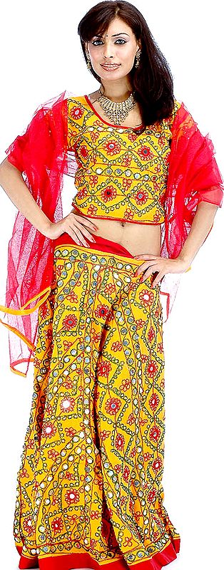 Amber and Red Lehenga Choli from Gujarat with Large Sequins