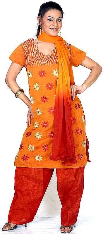 Amber and Rust Salwar Kameez Suit with Floral Embroidery