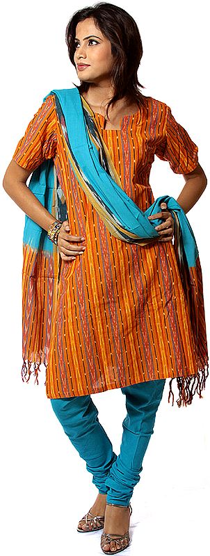 Amber and Turquoise Ikat Choodidaar Suit from Pochampally