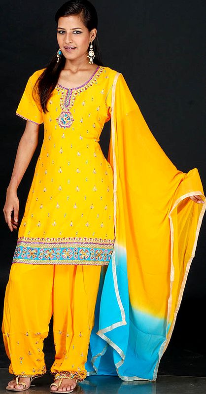 Amber and Turquoise Salwar Suit with Crystals and Sequins