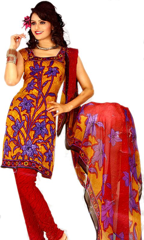 Amber Choodidaar Suit with Self Weave and Printed Flowers