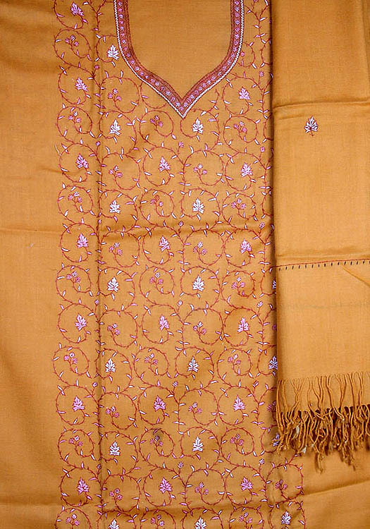 Amber Hand-Embroidered Suit from Kashmir with Shawl