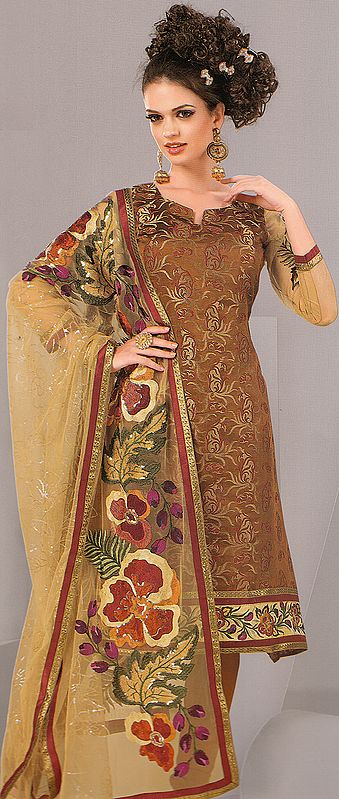 Amber-Brown and Mustard Salwar Kameez Suit with Brocade Weave and Floral Embroidery