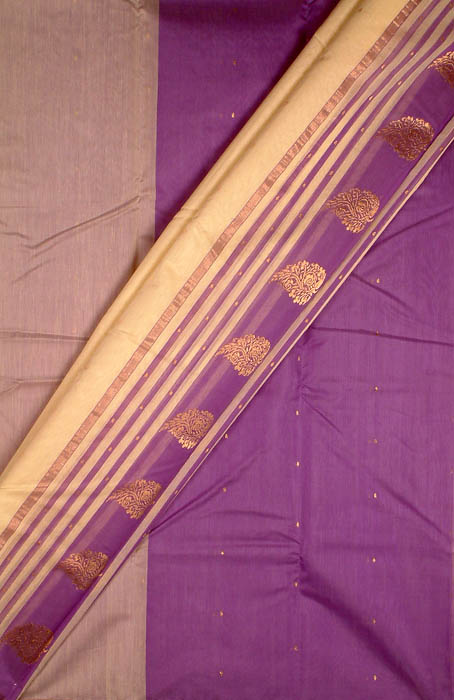 Amethyst and Cream Chanderi Suit with Golden Bootis