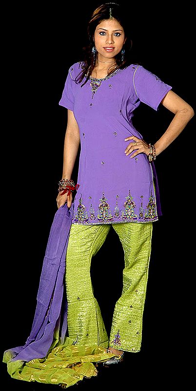 Amethyst and Green Parallel Suit with Antique Beadwork