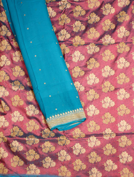 Amethyst and Turquoise Hand-Woven Banarasi Suit with All-Over Floral Brocade Weave and Chiffon Dupatta