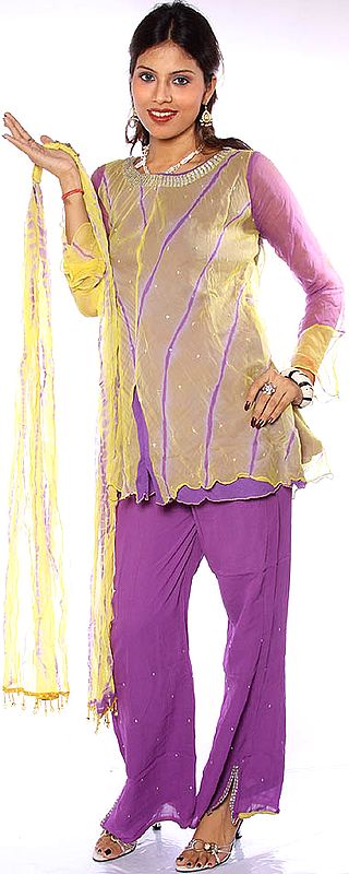 Amethyst and Yellow Parallel Suit with Sequins