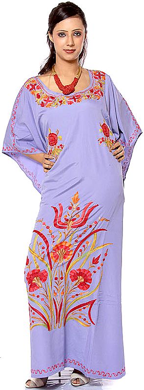 Amethyst Round-Neck Kaftan from Kashmir with Aari Embroidery