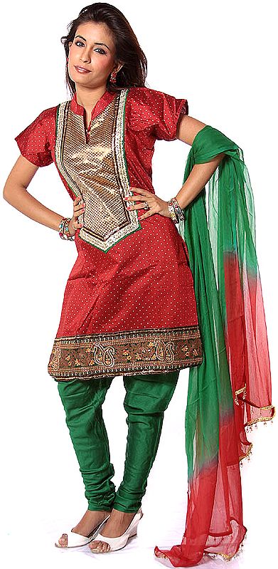 Red and Green Choodidaar Suit with Gota Work