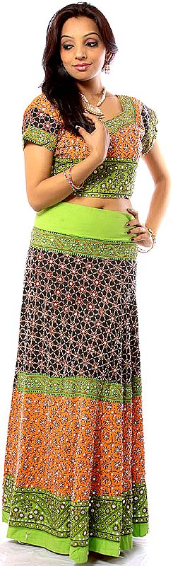 Tri-Color Two-Piece Lehenga Choli from Kutch with Sequins and Beads