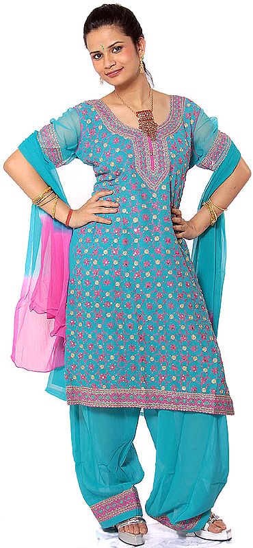 Turquoise Salwar Kameez Suit with Aari Embroidery and Sequins