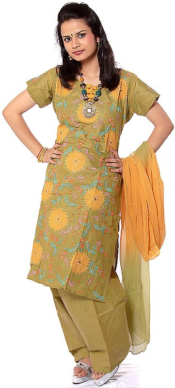 Green Salwar Kameez Suit with Floral Appliqué Work and Aari Embroidery