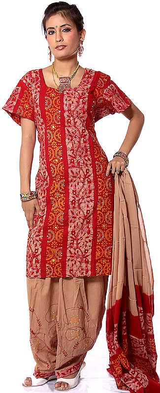 Red and Khaki Salwar Kameez Suit with Sequins and Kantha Embroidery