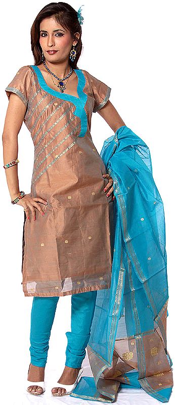 Tan and Turquoise Chanderi Choodidaar Suit with Golden Woven Bootis