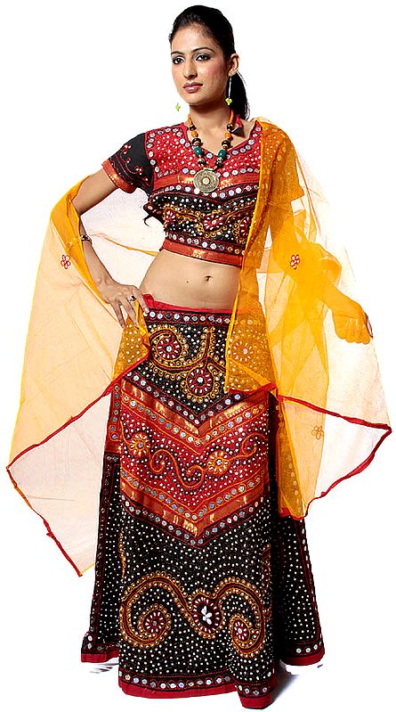 Red and Black Chaniya Choli from Gujarat with Large Sequins