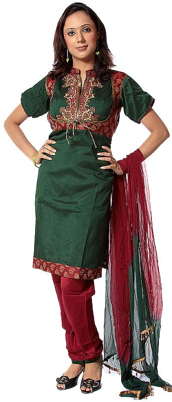 Emerald and Garnet Chudidar Suit with Antique Embroidery