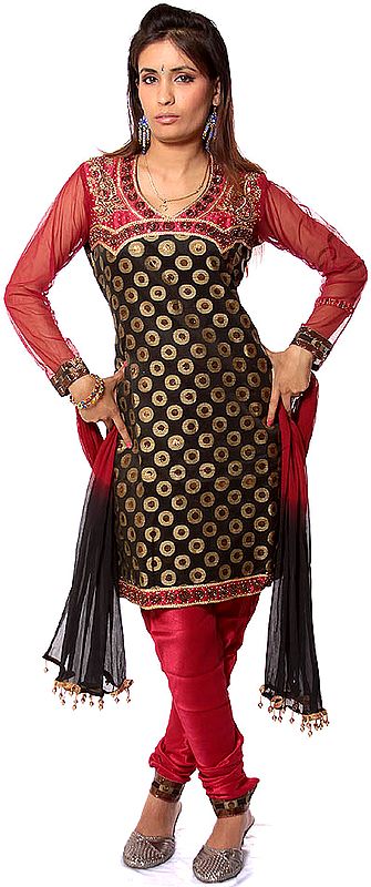 Black and Magenta Brocaded Choodidaar Suit with Antique Embroidery